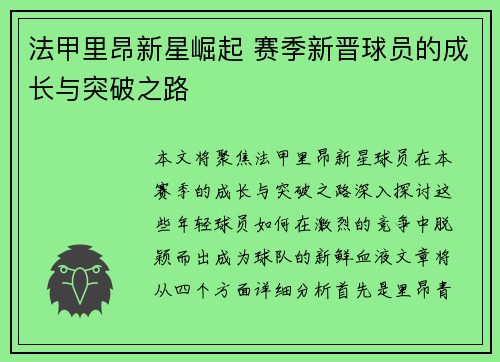 法甲里昂新星崛起 赛季新晋球员的成长与突破之路