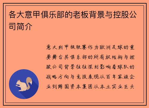 各大意甲俱乐部的老板背景与控股公司简介